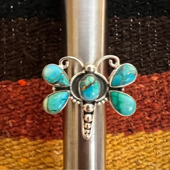 ❤️ Kingman Dahlia Turquoise Sterling 925 Butterfly Dragonfly Ring Navajo Sz 6.75 - Picture 8 of 17
